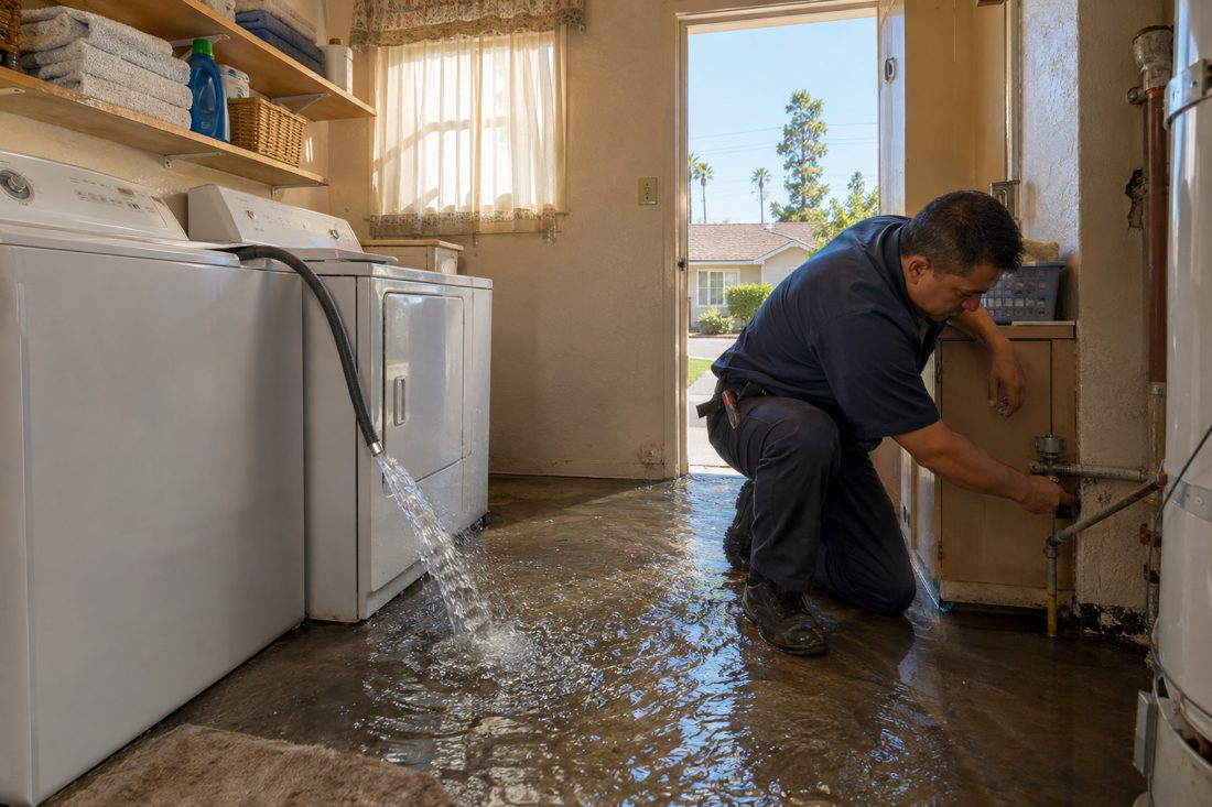 A burst washing machine hose flooding a laundry room floor, technician shutting off the valve at a 1950s stucco single-story bungalow in a Southern California neighborhood in Gardena, CA