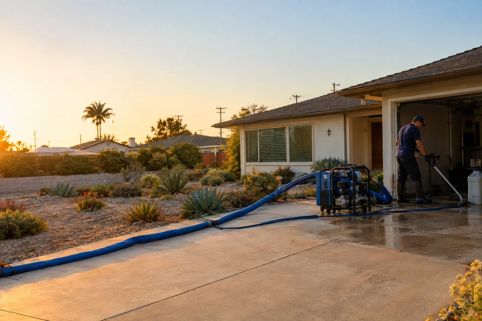 A restoration worker extracts water beside a postwar Carson ranch home, with hoses and equipment arranged neatly on the driveway in Carson, CA