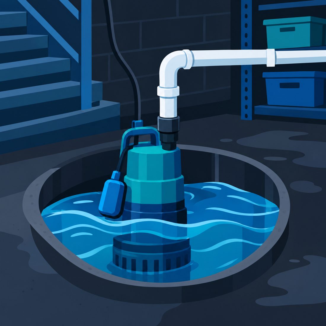 Illustration of a sump pump in a basement with rising water for a Gardena, CA home