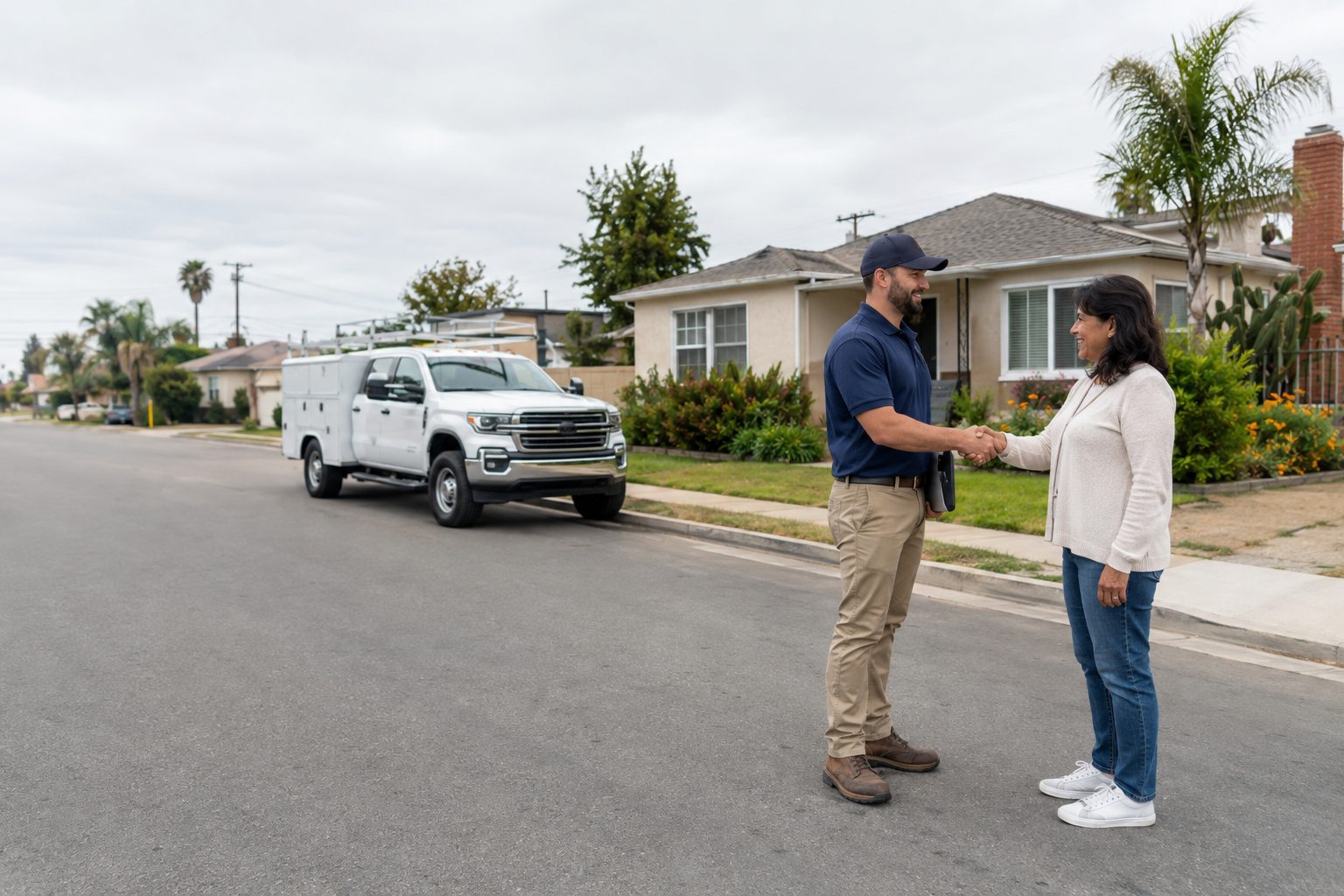 Project manager and homeowner shaking hands in front of the house with a restoration truck in the street at a 1950s stucco single-story bungalow in a Southern California neighborhood in Gardena, CA