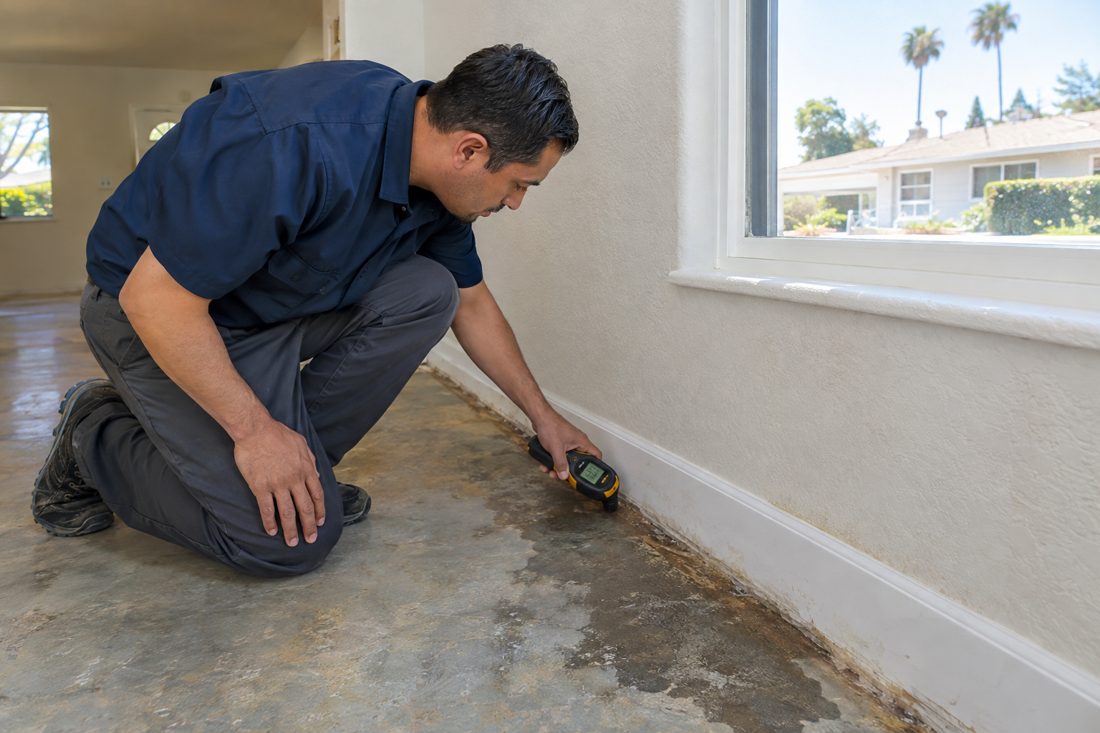 A close view of a technician checking damp flooring beside a baseboard inside a post-war Gardena home in Rowley Park, CA