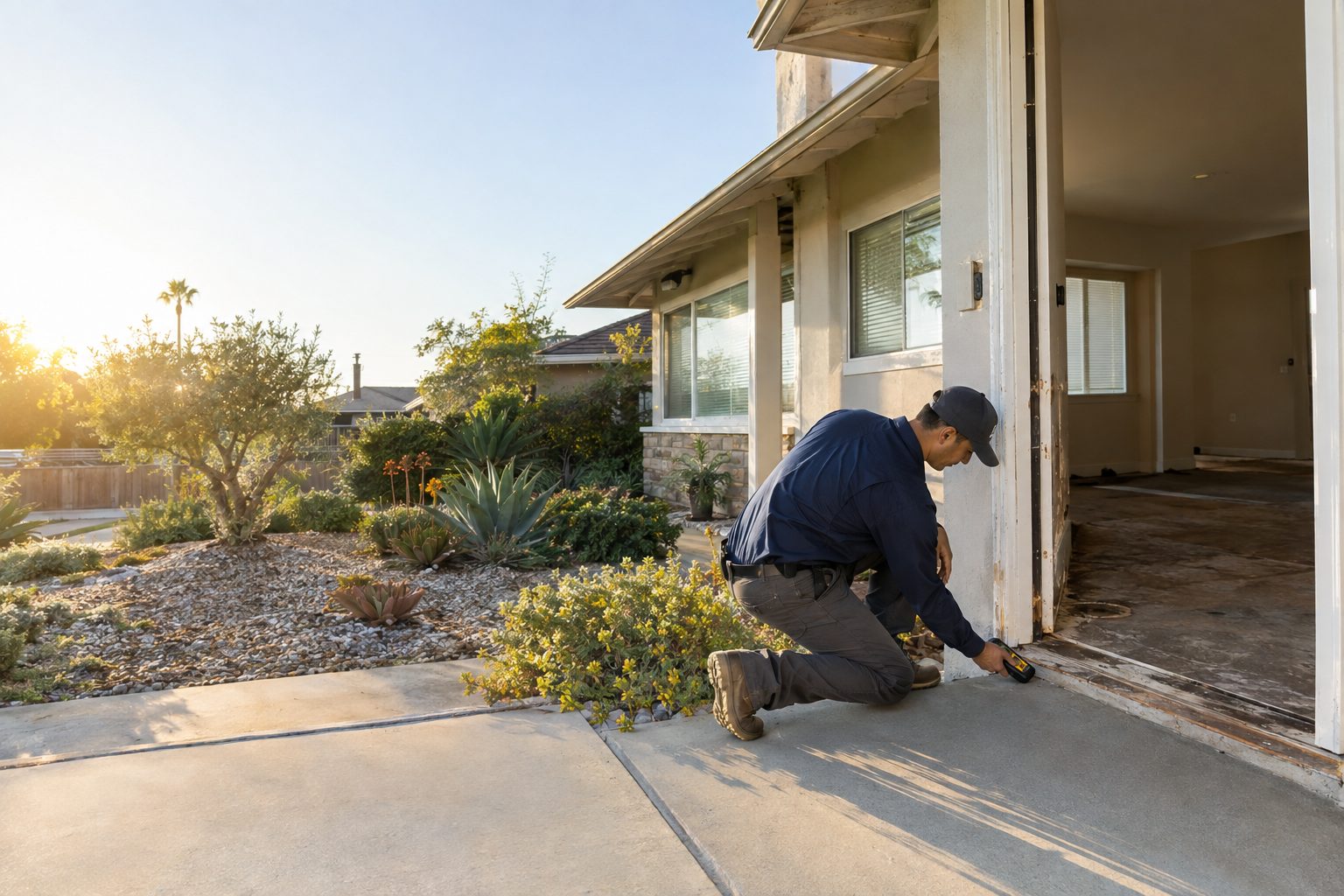 A restoration worker outdoors at a Torrance ranch home checks a moisture meter beside an open doorway after removing water-damaged flooring in Torrance, CA